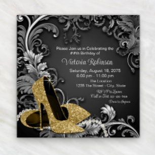 Womans Black Gold Shoe Birthday Party Invitation