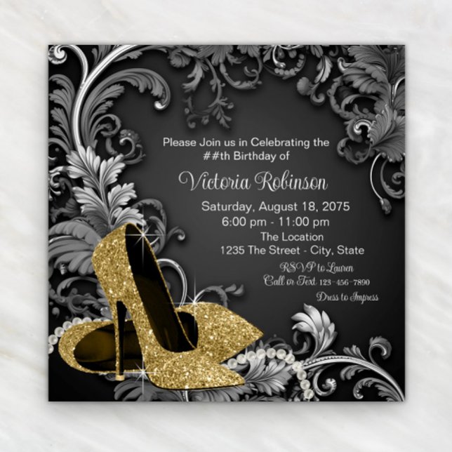 Womans Black Gold Shoe Birthday Party Invitation (Elegant gold shoe and swirls any number birthday or event invitation. Simply add your details.)