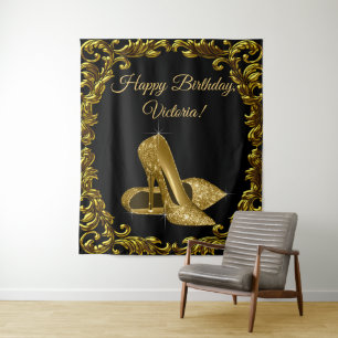 Womans Black Gold Shoe Birthday Party L Backdrop Tapestry