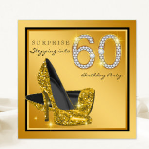 Womans Black Gold Surprise 60th Birthday Party Invitation