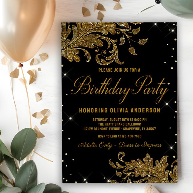 Womans Black Gold Swirl Birthday Party Invitation (Elegant black and gold any number birthday party invitation. Simply add your event details.)