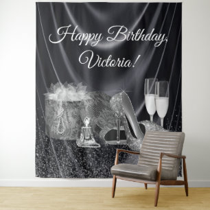 Womans Black Silver Shoe Birthday Party Backdrop Tapestry