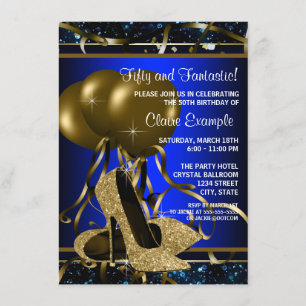 Womans Blue and Gold High Heel Birthday Party Invitation