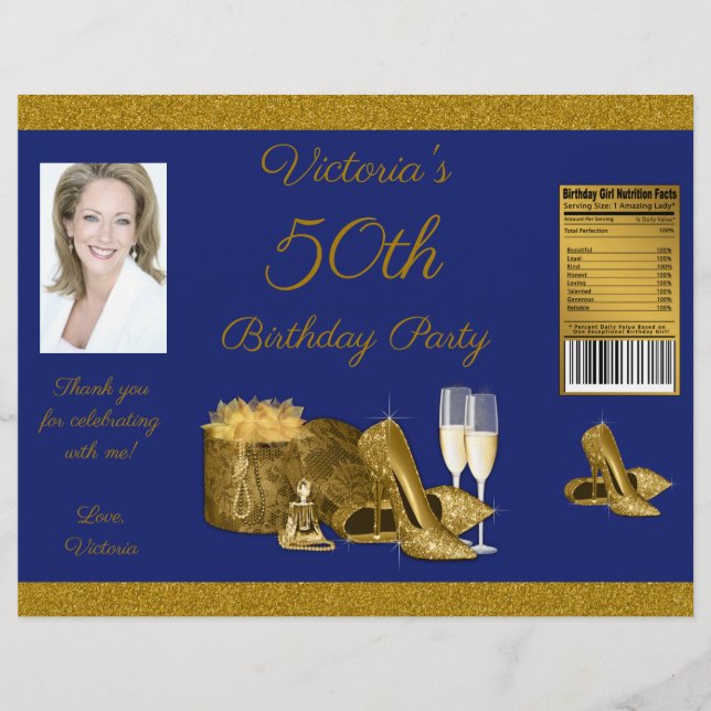 Womans Blue Gold Birthday Party Chip Bag Wrapper (Front)