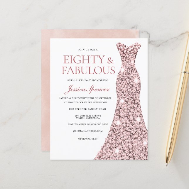 Womans Budget 80th Birthday Party Dress Invitation (Front/Back In Situ)