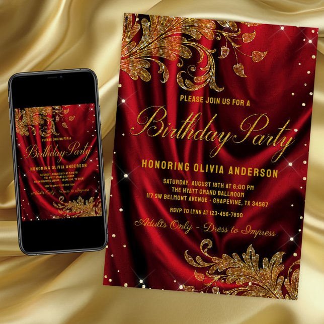 Womans Burgundy Gold Birthday Party Invitation (Womans elegant red and gold birthday party invitation with gold swirls on a red satin background.)