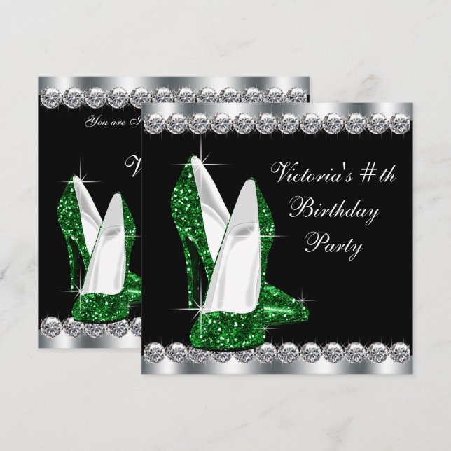 Womans Elegant Black Emerald Green Birthday Party Invitation (Front/Back)