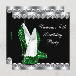 Womans Elegant Black Emerald Green Birthday Party Invitation