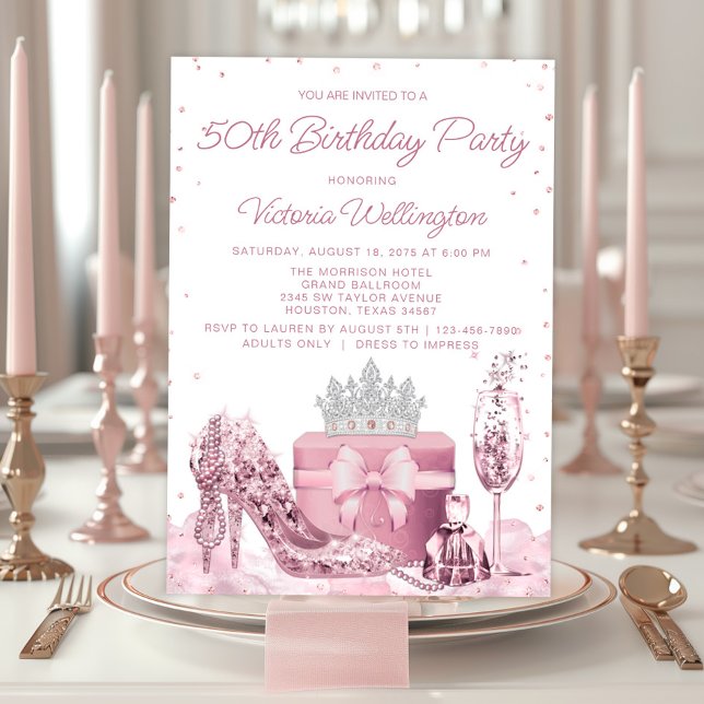 Womans Elegant Pink Any Number Birthday Party Invitation (Simply add your event details to this elegant invitation.)