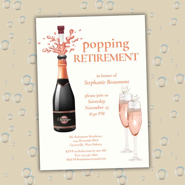 Woman's Elegant Popping Champagne Retirement Invitation (Creator Uploaded)