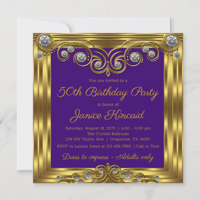 Womans Elegant Purple Gold Birthday Party Invitation (Front)