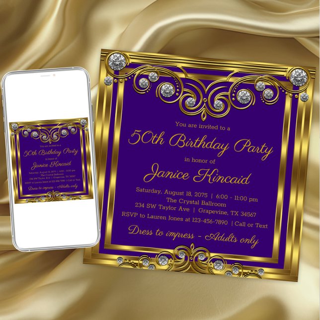 Womans Elegant Purple Gold Diamond Birthday Party Invitation (Womans purple gold any number birthday invitation. Download and printed invitations available.)