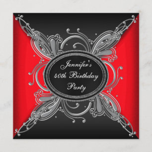 Womans Elegant Red and Black 40th Birthday Party Invitation