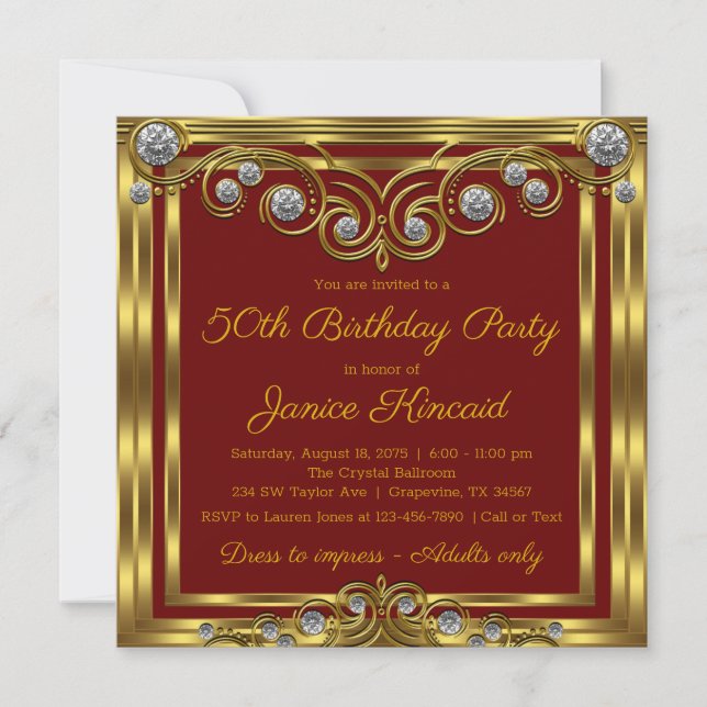 Womans Elegant Red Gold Diamond Birthday Party Invitation (Front)