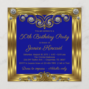 Womans Elegant Royal Blue Gold Birthday Party Invitation