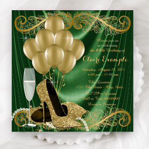Womans Emerald Green and Gold Birthday Party Glam Invitation
