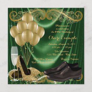 Womans Emerald Green Gold Shoe Birthday Party Invitation