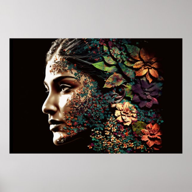 Woman's Face Made of Leaves and Flowers Digital Poster (Front)