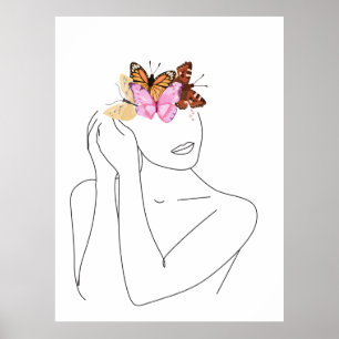 Woman's Face Portrait and Butterflies Line Art Pos Poster