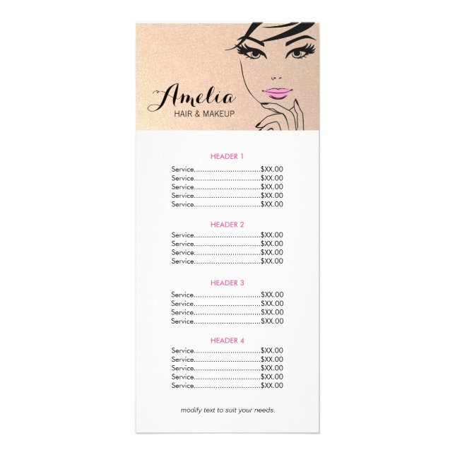 Woman's Face Salon & Spa Gold Price List Menu (Front)