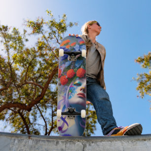 Womans Face with Floral Hair Skateboard