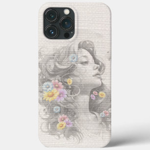 Woman's Face With Flowers Burlap Effect iPhone 13 Pro Max Case