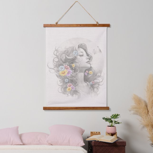 Woman's Face With Flowers Burlap Effect Hanging Tapestry (Bedroom)