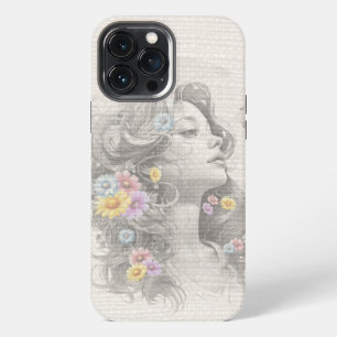 Woman's Face With Flowers Burlap Effect iPhone 13 Pro Max Case