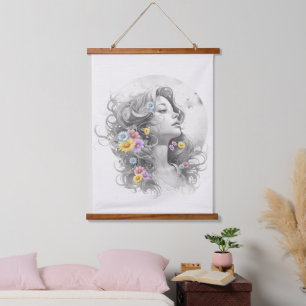 Woman's Face With Flowers Textured Effect Hanging Tapestry