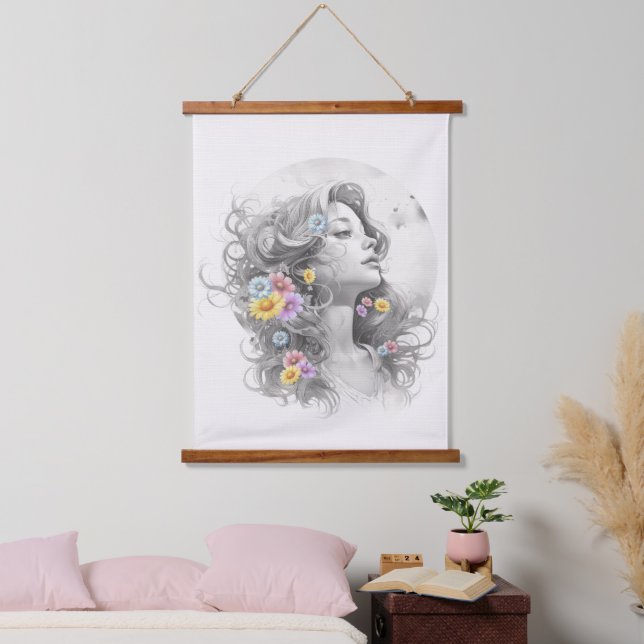 Woman's Face With Flowers Textured Effect Hanging Tapestry (Bedroom)