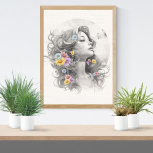 Woman's Face With Flowers Textured Effect Poster