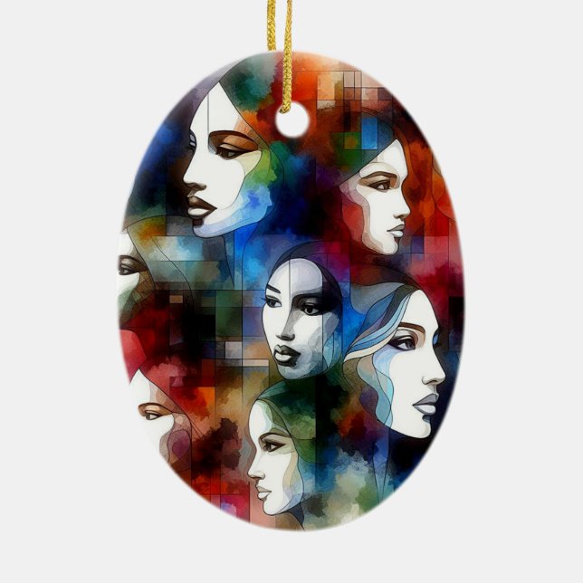 womans faces abstract watercolors pop art  ceramic ornament (Back)