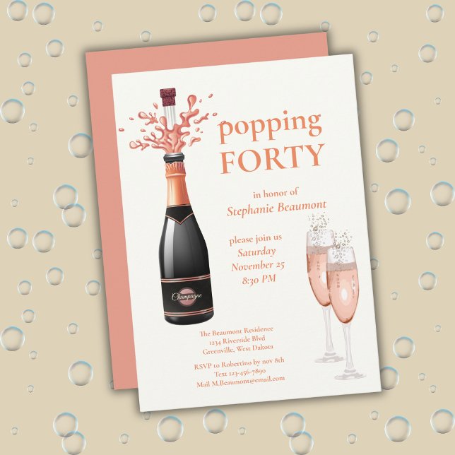 Woman's Funny Popping Champagne 40th Birthday Invitation (Creator Uploaded)