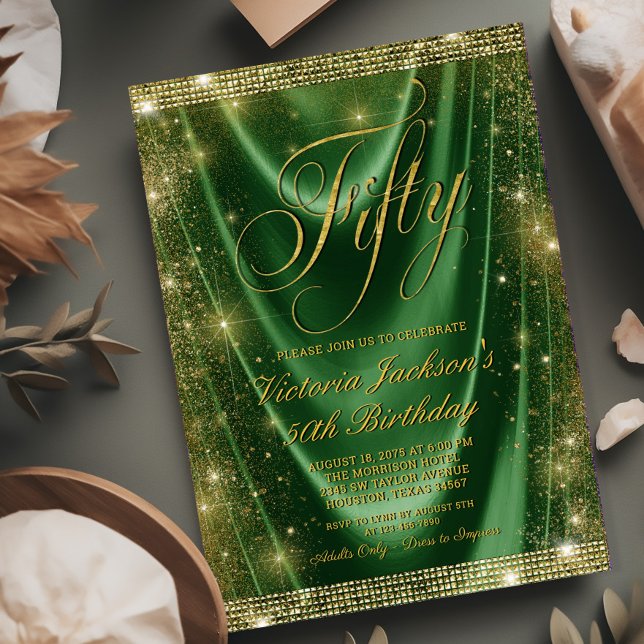 Womans Glam Emerald Green Gold 50th Birthday Invitation (Need a different number? Simple send us a message)
