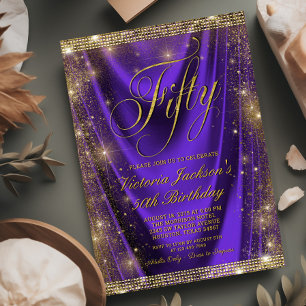 Womans Glam Purple Gold 50th Birthday Invitation