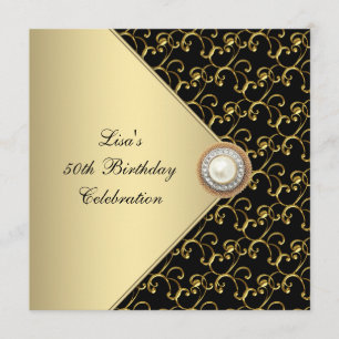 Womans Gold Black Pearl Classy 50th Birthday Party Invitation