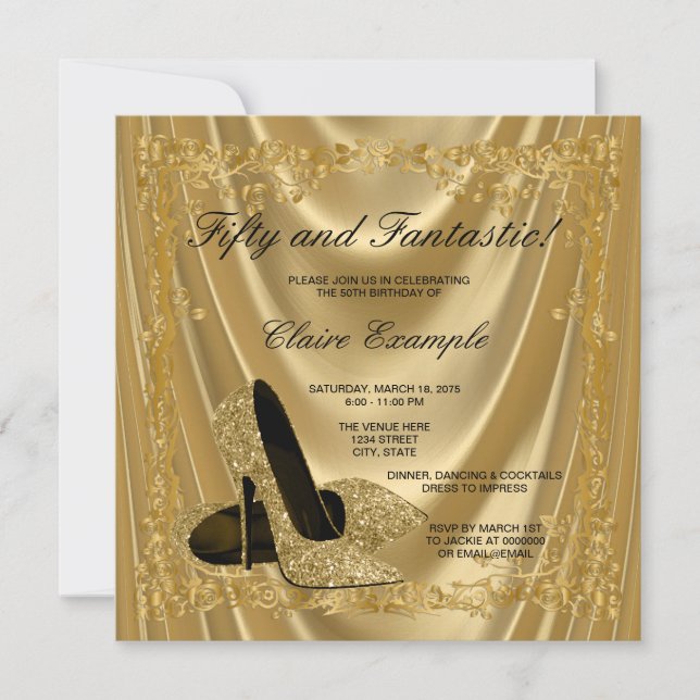 Womans Gold High Heels Birthday Party Satin Glam Invitation (Front)