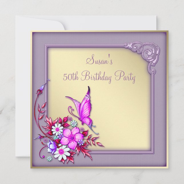 Womans Gold Purple Butterfly 50th Birthday Party Invitation (Front)