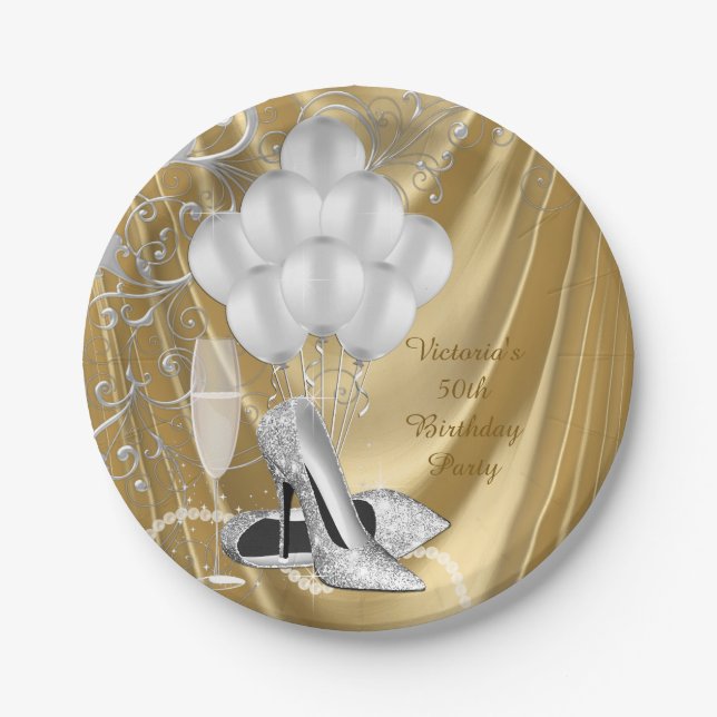 Womans Gold Silver Shoe Birthday Party Paper Plate (Front)