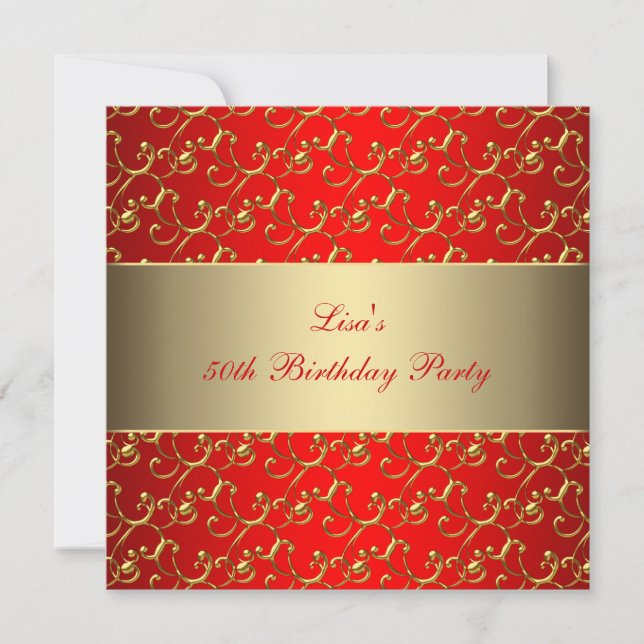 Womans Gold Swirl Elegant  Red 50th Birthday Party Invitation (Front)