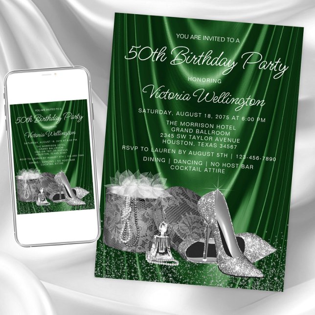 Womans Green Silver Shoe Any Number Birthday Invitation (Womans emerald green silver any event invitation. Instant download & printed invitations available.)