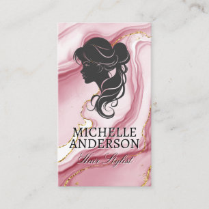 Womans Hair Profile   Pink Gold Marble Business Card