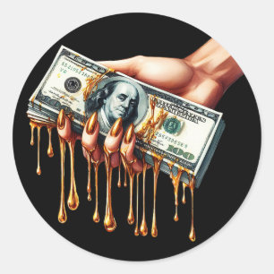 womans hand 100 dollar bill liquid gold dripping  classic round sticker