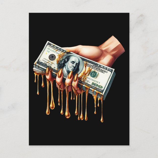 womans hand 100 dollar bill liquid gold dripping  postcard (Front)