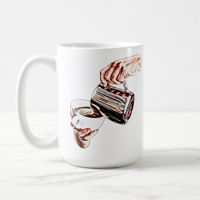 womans hand pouring coffee digital art painting mug (Left)