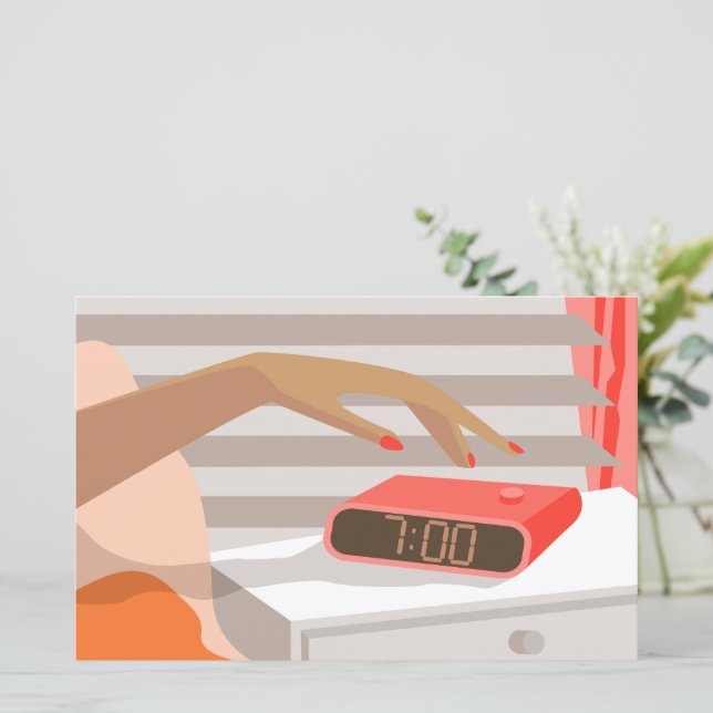 Womans hand pushing on alarm clock snooze button (Standing Front)
