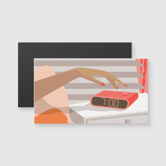 Womans hand pushing on alarm clock snooze button (Front/Back)