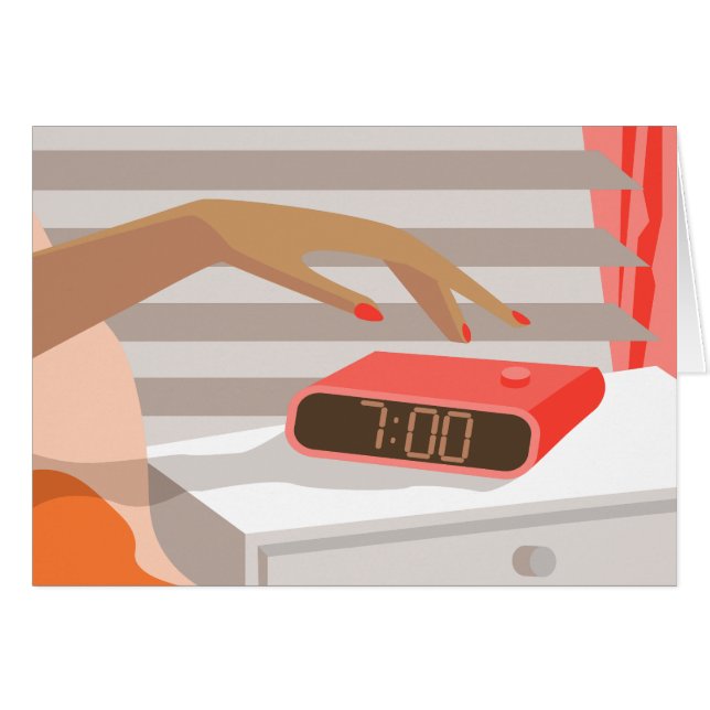 Womans hand pushing on alarm clock snooze button (Front Horizontal)