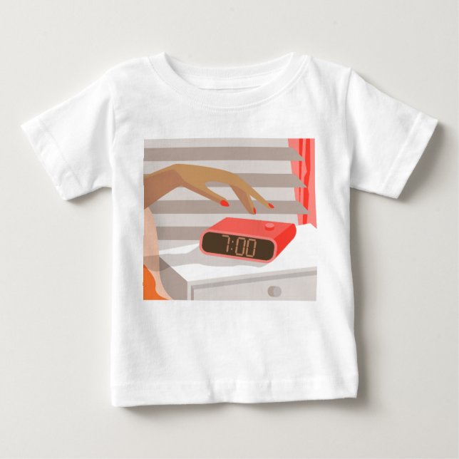 Womans hand pushing on alarm clock snooze button baby T-Shirt (Front)