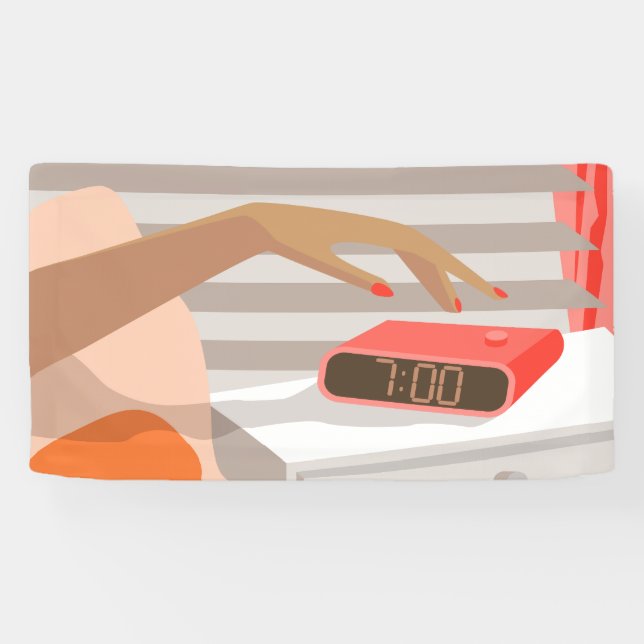 Womans hand pushing on alarm clock snooze button banner (Horizontal)